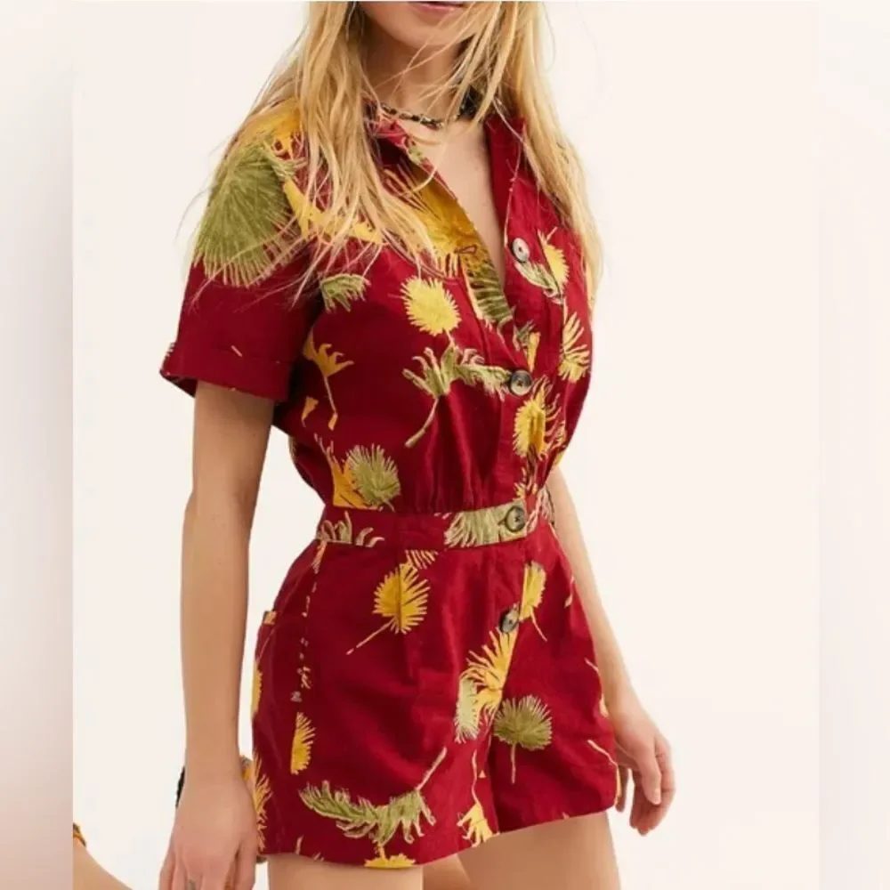 NEW Free People Maroon Combo Hawaiian Print Malibu Romper S